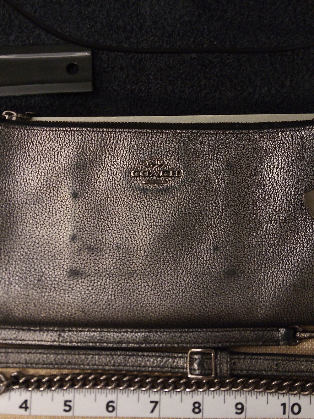 Coach Kristen Gunmetal Gray Pebbled Leather Chain Wristlet Crossbody Clutch